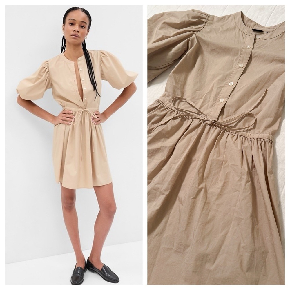 Gap Balloon Sleeve Mini Dress‎ Women's XXS Button Front Tan Khaki Safari Neutral